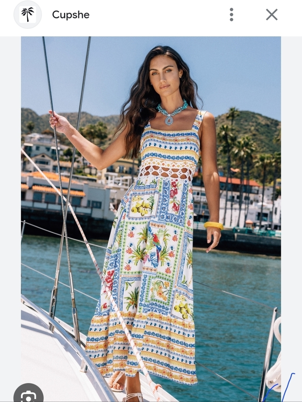 NWT CupShe Summer Crochet-Trim Maxi Dress in White, Blue & Yellow